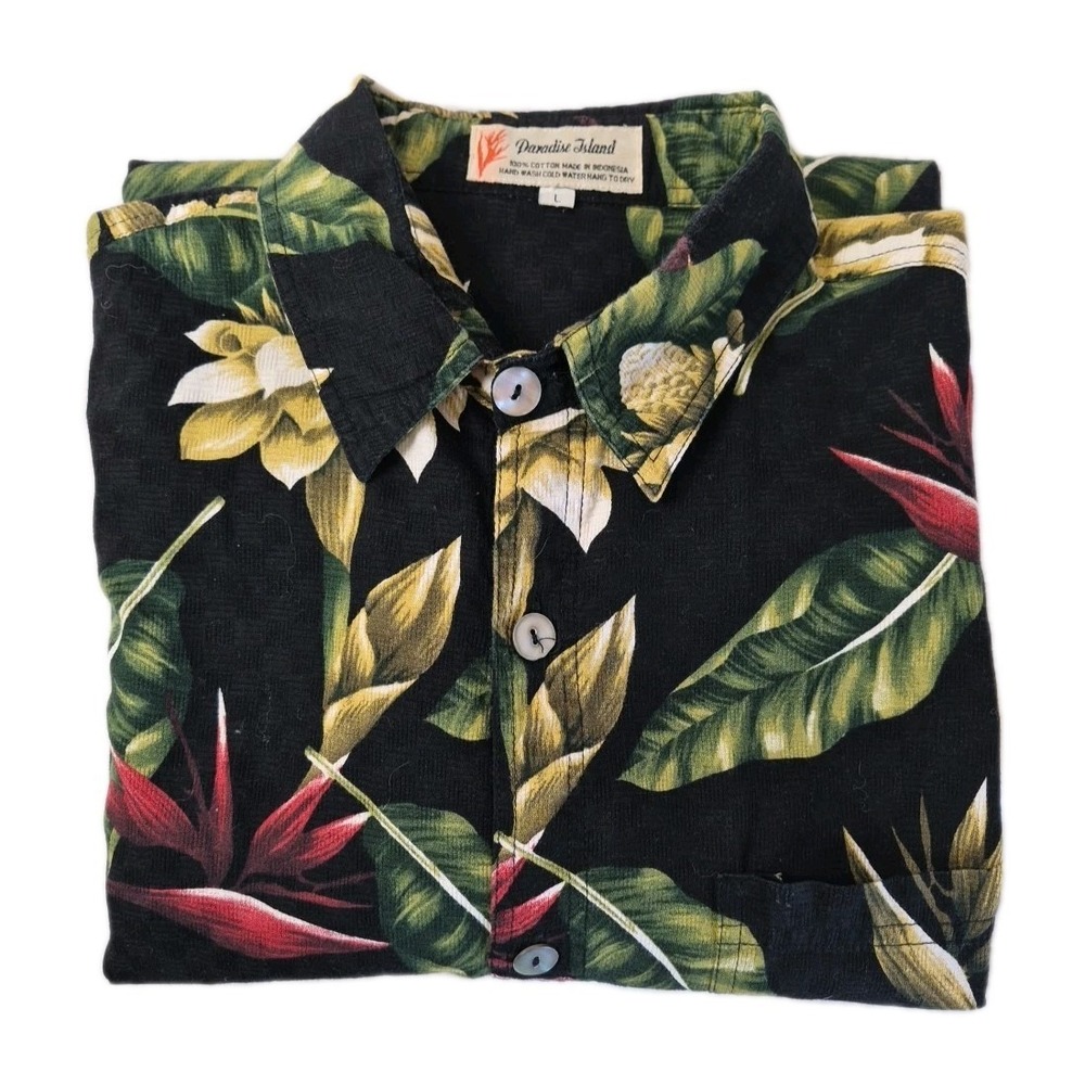 Vintage Paradise Island Mens Hawaiian‎ Shirt L Cotton Hibiscus Tropical Aloha